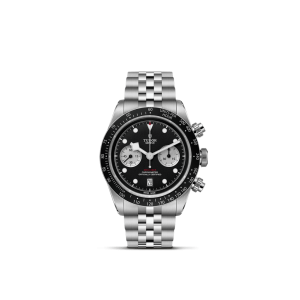Elegant Tudor chronograph watch with stainless steel case, black dial, and tachymetric scale.
