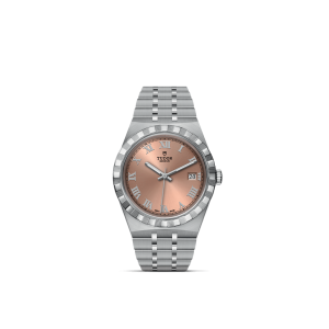 Tudor stainless steel watch features an elegant rose gold dial and classic Roman numeral markers.