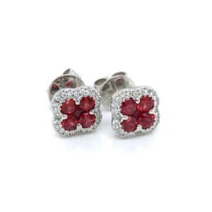 Elegant square earrings featuring vibrant red gemstones surrounded by sparkling white stones.