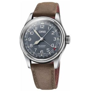 Oris wristwatch featuring a stainless steel case, big crown, and elegant leather strap.