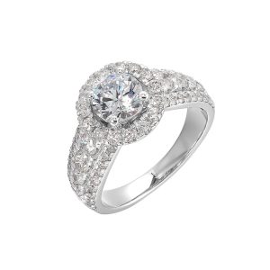 Stunning engagement ring featuring a large diamond with a halo and pave-set band.