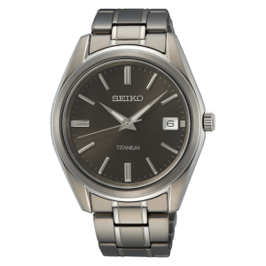 Stylish Seiko titanium watch featuring a minimalist design, luminous hands, and a date window.