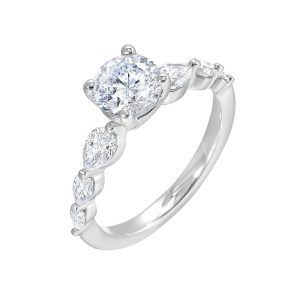 Elegant engagement ring featuring a large round diamond and intricate smaller diamond accents.
