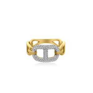Elegant yellow gold ring with double D motif, sparkling gems, and chain-link design.