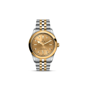 Tudor luxury watch featuring gold accents, diamond markers, and a polished stainless steel bracelet.