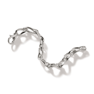 Sleek silver chain with artistic, interlocking links, reflecting light against a white background.