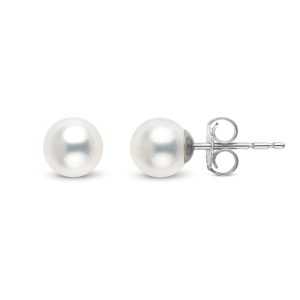 Elegant pearl stud earrings on a white background, showcasing timeless sophistication and luxury.