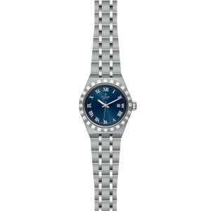 Elegant Tudor watch with a deep blue dial, stainless steel case, and Roman numeral markers.