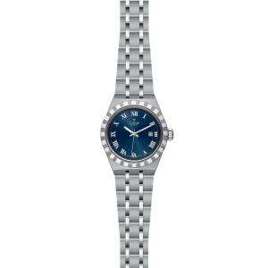Elegant Tudor watch with blue dial, Roman numerals, and stainless steel bracelet for timeless style.