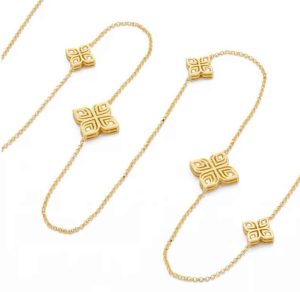 Elegant gold jewelry featuring intricate geometric pendants and floral motifs for versatile occasions.