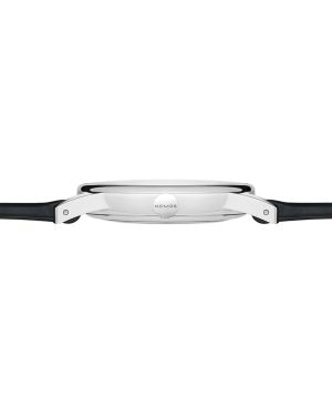 NOMOS minimalist watch featuring polished stainless steel case and leather strap for timeless elegance.