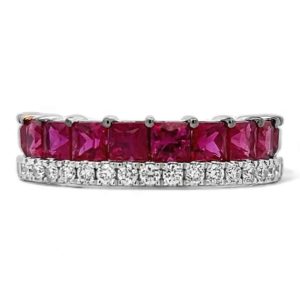 Elegant ruby and diamond ring in silver or white gold, perfect for luxury occasions.