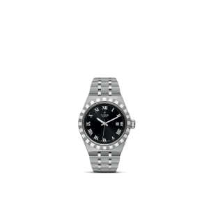 Elegant Tudor wristwatch with stainless steel case, black dial, and Roman numeral markers.