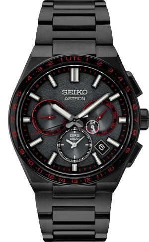 Stylish Seiko Astron watch with GPS, solar power, and striking black-and-red design.