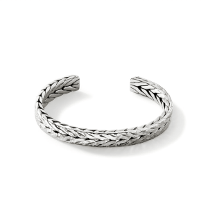 Elegant silver cuff bracelet with a unique braided design, perfect for any occasion.
