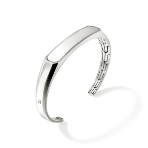 Elegant silver cuff bracelet with personalized engraving and unique octagonal design for modern style.