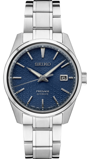 Stunning Seiko Presage automatic watch with a textured blue dial and stainless steel bracelet.