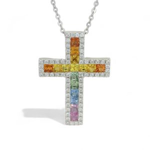 Colorful gemstone cross pendant with diamonds, perfect for faith and fashion enthusiasts.