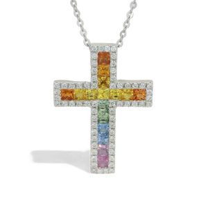 Colorful gemstone cross pendant with diamonds, perfect for faith and fashion enthusiasts.