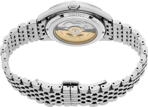 Elegant Seiko stainless steel wristwatch with visible mechanical movement and sophisticated design.