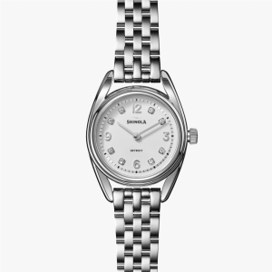 Elegant Shinola watch with silver stainless steel case and diamond hour markers for timeless style.