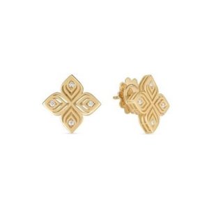 Elegant gold stud earrings with a flower-like design and sparkling stones for a sophisticated look.
