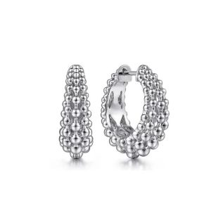 Elegant silver hoop earrings with textured bead design, perfect for any occasion.