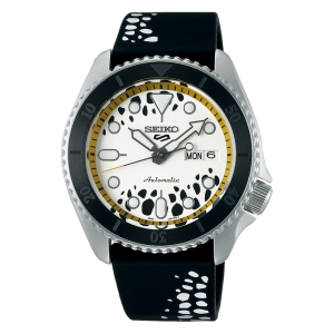 Stylish Seiko sports watch features a stainless steel case, black bezel, and vibrant design elements.