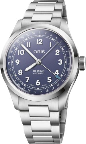 Oris automatic wristwatch with blue dial, stainless steel case, and elegant design features.