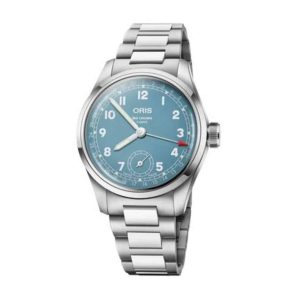 Elegant Oris wristwatch featuring a sleek stainless steel design and calming blue dial.