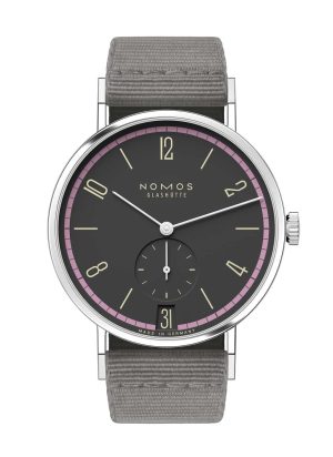 Stylish Nomos Glashütte watch in stainless steel with charcoal dial and green textile strap.
