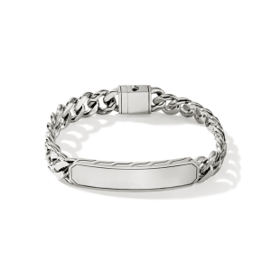 Elegant silver chain link bracelet with customizable plaque for personalization.