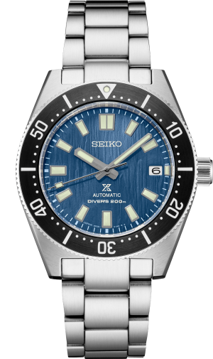 Stylish Seiko divers watch with blue dial, stainless steel case, and unidirectional bezel.
