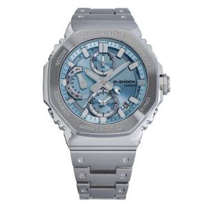 Modern stainless steel G-Shock watch with blue dial and multifunctional features for style and durability.