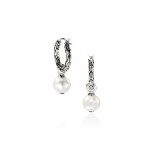 Elegant silver hoop earrings with pearls, featuring a contemporary design and timeless charm.