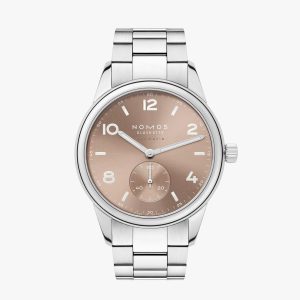 Elegant NOMOS Glashütte watch with polished stainless steel case and sophisticated rose-gold dial.