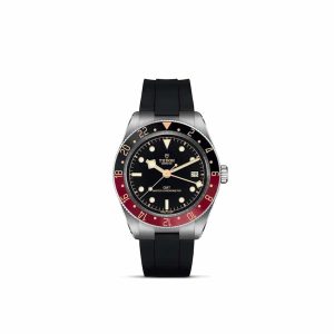 Elegant Tudor watch with stainless steel case, black dial, and bi-colored GMT bezel.