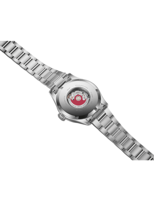 Stainless steel wristwatch with transparent caseback showcasing intricate mechanical movement and elegant design.