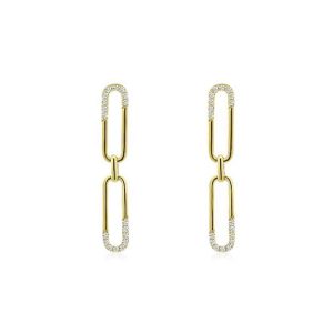 Elegant yellow gold earrings with chain design and sparkling gemstones, perfect for any occasion.