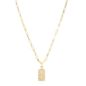 Elegant gold necklace with textured rectangular pendant and sparkling gemstones for modern style.