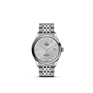 Elegant Tudor watch with stainless steel case, textured silver dial, and rose gold accents.