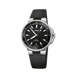 Elegant ORIS Aquis watch with black dial, stainless steel case, and durable rubber strap.