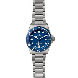 Tudor Pelagos diving watch with blue dial, stainless steel case, and luminous markers.