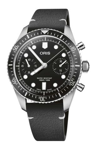 Stylish stainless steel dive watch with a black dial, chronograph features, and leather strap.