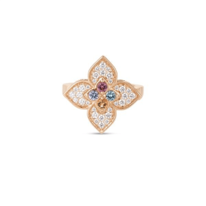 Floral motif ring with colorful gemstones and rose gold, perfect for stylish occasions.