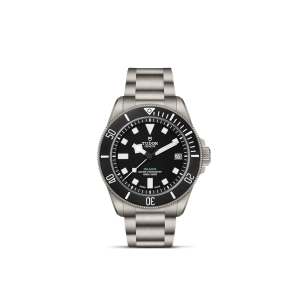 Tudor Pelagos diving watch features titanium case, unidirectional bezel, and luminescent markers.
