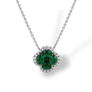 Elegant floral pendant necklace featuring vibrant green gemstones and shimmering diamond halo.