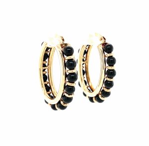Black Onyx 18K Yellow Gold Beaded Hoop Earrings