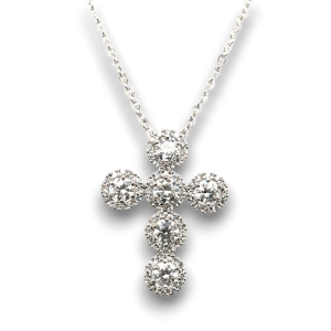 Elegant cross necklace with sparkling stones on a twisted silver chain, perfect for any occasion.