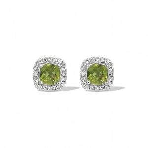 Elegant green cushion-cut gemstone earrings with diamond halo in polished silver setting.